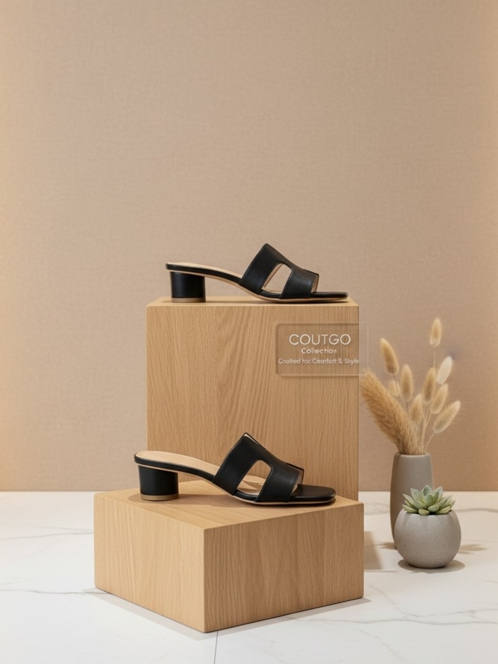 Black Leather Slide With A Round Heel